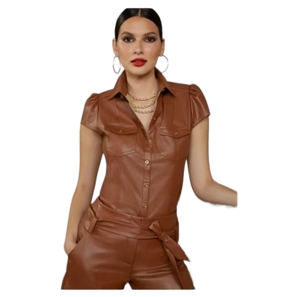 Faux-Leather Button-Down Top